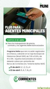 Este martes 21 inicia el pago del plus de refuerzo a municipales